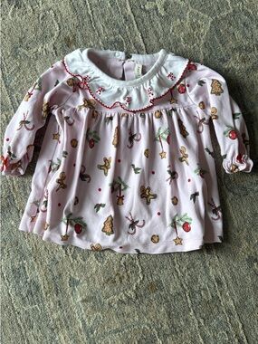 Pink Holiday Print Long-Sleeve Baby Top with Ruffle Collar